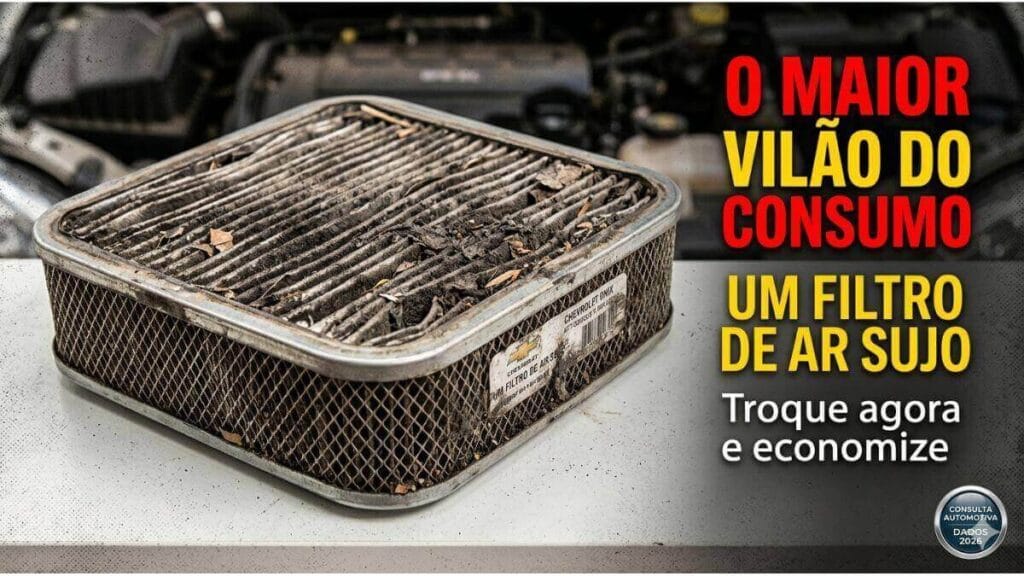 Close em um filtro de ar automotivo caked com sujeira escura, fuligem e detritos, para o modelo Chevrolet Onix. O filtro está sobre uma bancada com um motor de carro em segundo plano. À direita, texto em destaque em vermelho e amarelo diz: 'O MAIOR VILÃO DO CONSUMO UM FILTRO DE AR SUJO'. No canto inferior, um selo diz 'CONSULTA AUTOMOTIVA DADOS 2026'.