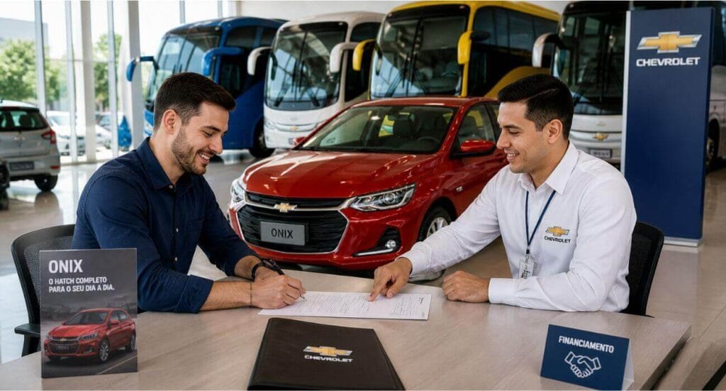 Homem financiando um carro em concessionária enquanto aumento de preços causado por conflitos globais impacta o mercado automotivo
