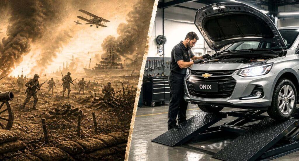 Comparação entre cenário de guerra de 1900 e Chevrolet Onix em manutenção em oficina moderna