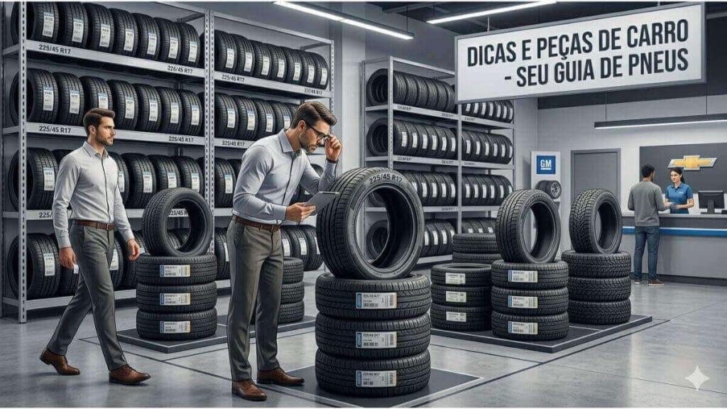 Cliente e consultor em uma loja de pneus da GM e Chevrolet, rodeados por prateleiras e pilhas de pneus novos. O cliente está examinando um pneu e o consultor está pronto para ajudar. Há um cartaz na parede que diz "DICAS E PEÇAS DE RRO: COMPRA DE PNEUS - SEU GUIA ESSENCIAL".