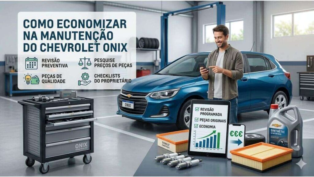 Infográfico em uma oficina mecânica com um Chevrolet Onix azul. Um homem sorri segurando um celular. À esquerda, um texto grande diz 'COMO ECONOMIZAR NA MANUTENÇÃO DO CHEVROLET ONIX'. Abaixo, quatro ícones e textos: Revisão Preventiva, Pesquise Preços de Peças, Peças de Qualidade, Checklists do Proprietário. Em primeiro plano, um carrinho de ferramentas, um tablet com gráficos e itens de manutenção como óleo e filtros.