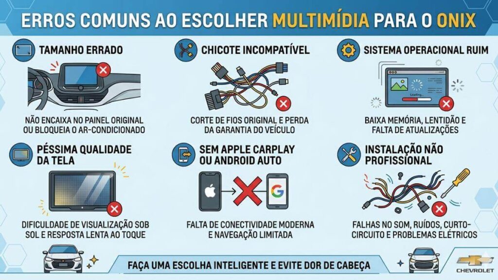 Guia de Multimídia para Chevrolet Onix: Evite estes Erros Comuns. Infográfico profissional sobre "Erros Comuns ao Escolher Multimídia para o Onix". O design exibe seis painéis ilustrados com ícones e texto em português, detalhando os seguintes erros: Tamanho Errado, Chicote Incompatível, Sistema Operacional Ruim, Péssima Qualidade da Tela, Sem Apple CarPlay ou Android Auto, e Instalação não Profissional. O fundo tem padrões geométricos em azul e branco, com o logo da Chevrolet na base.