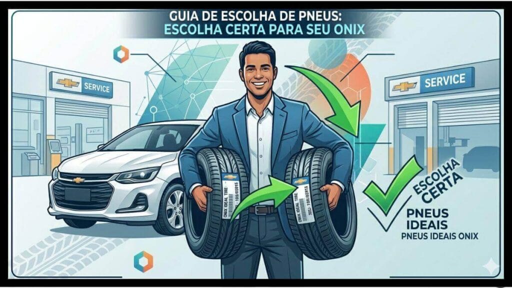 Um infográfico ilustrado e moderno em tons de azul e verde. No centro, um homem sorridente de terno segura dois pneus novos com etiquetas da Chevrolet. Ao lado dele, um Chevrolet Onix branco está estacionado em uma concessionária "SERVICE". Setas verdes apontam para os pneus e um grande "V" de verificação com o texto "ESCOLHA CERTA: PNEUS IDEAIS ONIX".