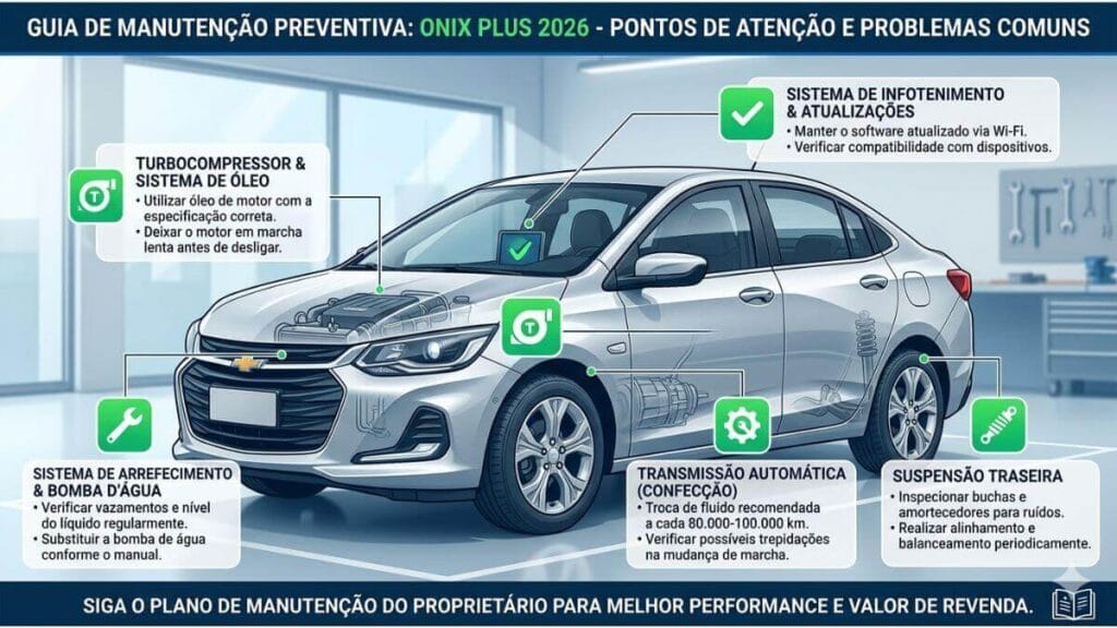 Infográfico técnico sobre manutenção preventiva do Chevrolet Onix Plus 2026, destacando pontos de atenção no motor turbo, transmissão, arrefecimento e suspensão.