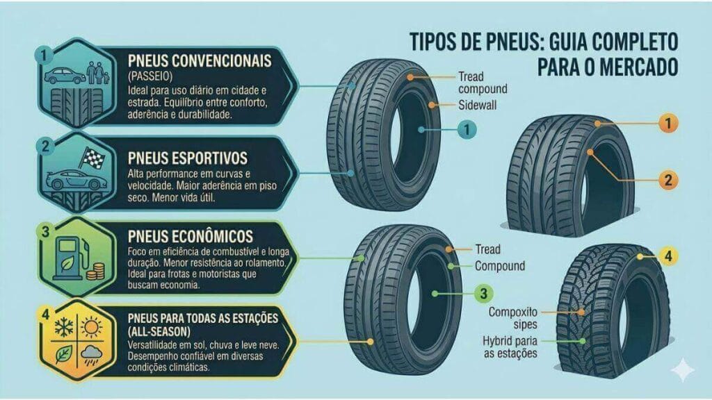 Infográfico em português explicando os quatro tipos principais de pneus: convencionais para passeio, esportivos para performance, econômicos para combustível e pneus para todas as estações (all-season), com ilustrações e descrições detalhadas.