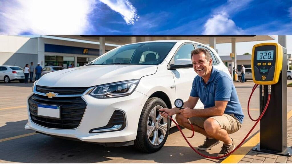 Uma foto de publicidade de um homem caucasiano de meia-idade, sorrindo e ajoelhado ao lado de um Chevrolet Onix Premier branco em um posto de gasolina. Ele segura uma mangueira de calibração amarela com um manômetro digital (que mostra 32.0 PSI) conectada ao pneu dianteiro. O posto de gasolina tem uma placa de preços ao fundo mostrando Gasolina a R$ 5,89 e Etanol a R$ 4,19. Acima de tudo, há um gráfico de texto azul e amarelo que diz: "FICÇÃO DE UM HOMEM CALIBRANDO O PNEU DO SEU CHEVROLET ONIX SORRINDO.