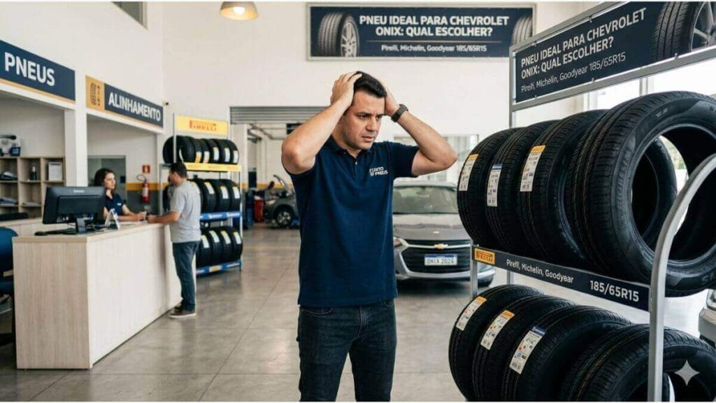 Um homem com as mãos na cabeça, demonstrando dúvida e confusão, em pé dentro de uma loja de pneus limpa e moderna, olhando para uma prateleira de pneus. Ao fundo, um carro Chevrolet Onix está estacionado e há um cartaz na parede com o texto em português: "PNEU IDEAL PARA CHEVROLET ONIX: QUAL ESCOLHER?".