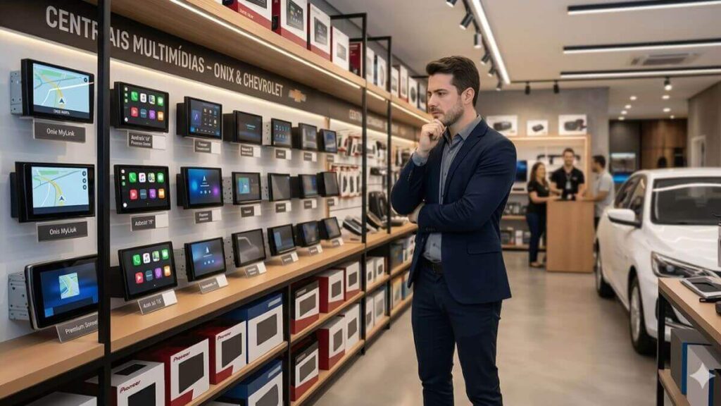 Foto de um homem bem vestido, em pé, em uma loja de acessórios automotivos. Ele está com a mão no queixo, olhando pensativo para uma grande parede de exposição com várias centrais multimídias de carro ligadas. À direita, um carro Chevrolet branco está visível na área de exposição da loja.