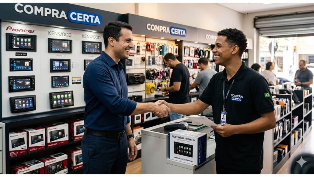Novo Upgrade de Multimídia para Chevrolet Onix: Tecnologia e Conforto. Foto do interior de um Chevrolet Onix com um homem sorridente no banco do motorista. Ele está segurando nas mãos uma nova central multimídia de 10 polegadas, que está ligada e exibe um mapa de GPS e ícones de aplicativos como Bluetooth e Música. O volante do carro mostra o logotipo da Chevrolet. O cinto de segurança está colocado.
