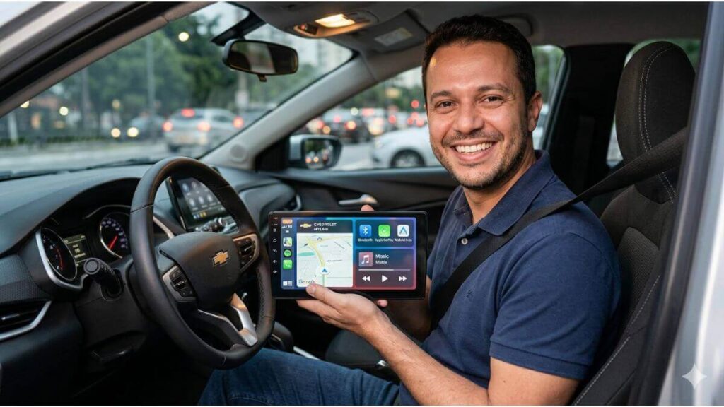 Novo Upgrade de Multimídia para Chevrolet Onix: Tecnologia e Conforto. Foto do interior de um Chevrolet Onix com um homem sorridente no banco do motorista. Ele está segurando nas mãos uma nova central multimídia de 10 polegadas, que está ligada e exibe um mapa de GPS e ícones de aplicativos como Bluetooth e Música. O volante do carro mostra o logotipo da Chevrolet. O cinto de segurança está colocado.