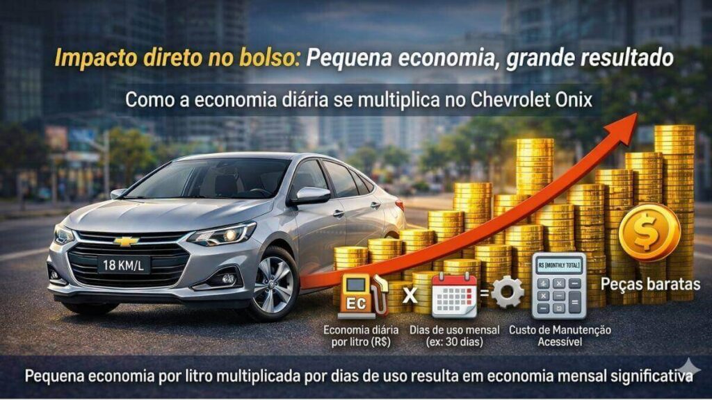 Infográfico com um Chevrolet Onix prata e pilhas crescentes de moedas de ouro com uma seta vermelha para cima. O texto principal diz: "Impacto direto no bolso: Pequena economia, grande resultado".
