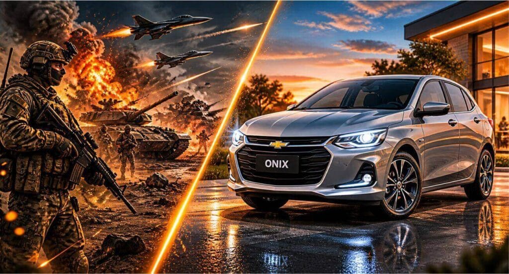 Comparação entre cenário de guerra e tecnologia automotiva com Chevrolet Onix moderno
