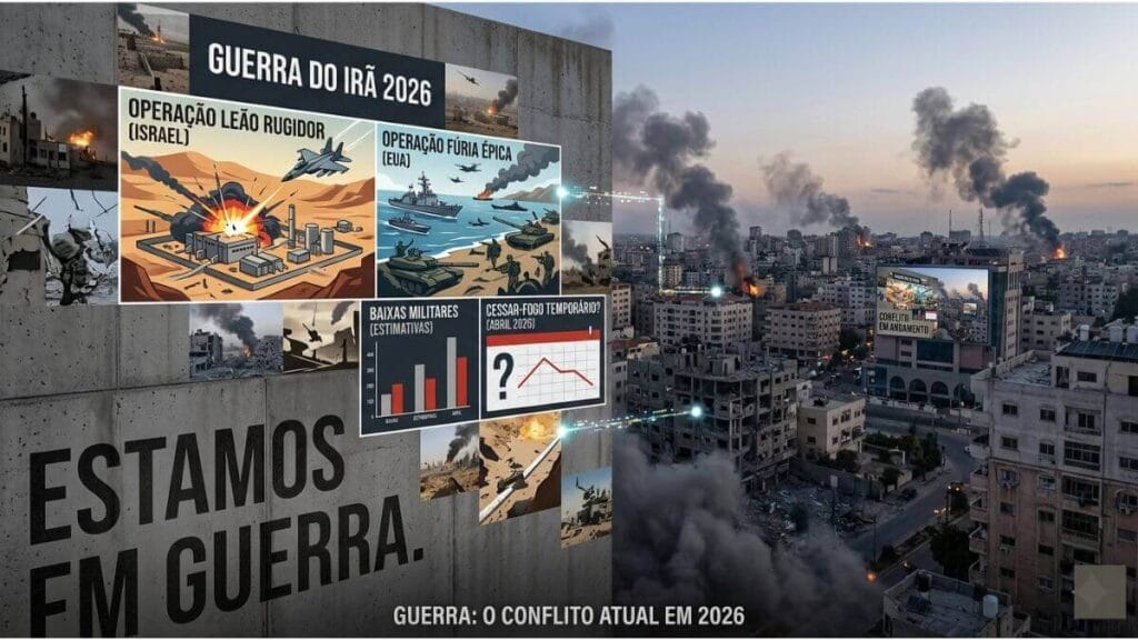 Visão de um cenário urbano em conflito misturado a infográficos sobre operações militares e estimativas, com o texto ESTAMOS EM GUERRA e GUERRA DO IRÃ 2026.