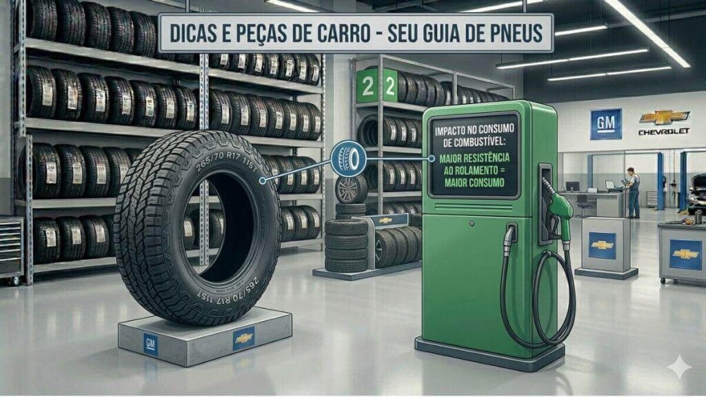 Infográfico em uma oficina mecânica moderna da GM e Chevrolet, mostrando um pneu de SUV (265/70 R17 115T) conectado por um gráfico de resistência ao rolamento a uma bomba de combustível verde. A bomba de combustível tem uma tela de LED que exibe a mensagem em português: