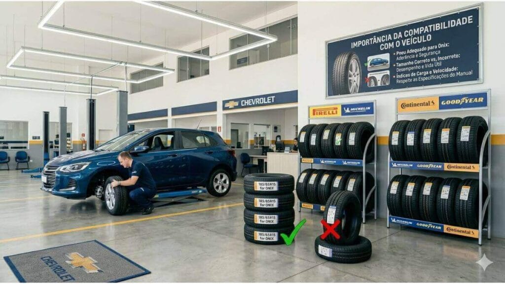 Fotografia de uma oficina Chevrolet limpa e moderna. Um Chevrolet Onix azul está em um elevador, com um mecânico agachado próximo a uma roda. Ao fundo, um grande cartaz em português sobre "Importância da Compatibilidade com o Veículo". À direita, prateleiras com pneus de marcas como Pirelli, Michelin e Continental.