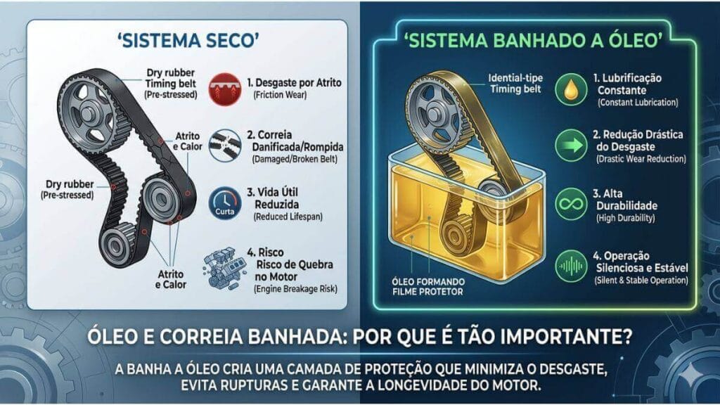 Infográfico técnico profissional comparando dois sistemas de correia dentada. À esquerda, um "Sistema Seco" com pontos de atrito em vermelho, listando desvantagens como desgaste e risco de quebra. À direita, um "Sistema Banhado a Óleo" submerso em óleo, listando vantagens como lubrificação constante e alta durabilidade. O título inferior diz: "ÓLEO E CORREIA BANHADA: POR QUE É TÃO IMPORTANTE?".