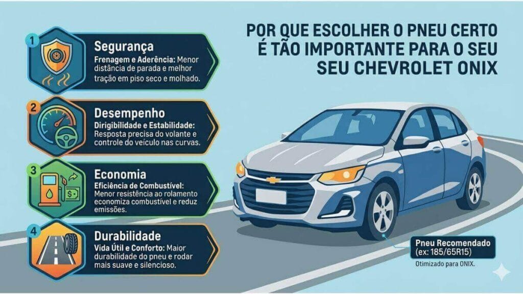 Infográfico ilustrando a importância da escolha do pneu correto para o Chevrolet Onix, destacando os pilares Segurança, Desempenho, Economia e Durabilidade.