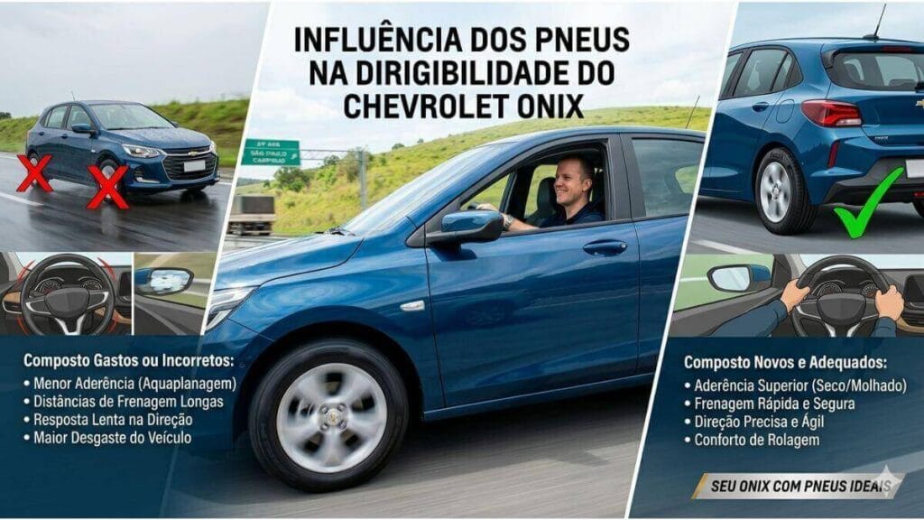 Infográfico comparativo sobre a influência dos pneus na dirigibilidade de um Chevrolet Onix azul. À esquerda, pneus gastos mostram menor aderência e frenagem longa. À direita, pneus novos mostram direção precisa e segurança.