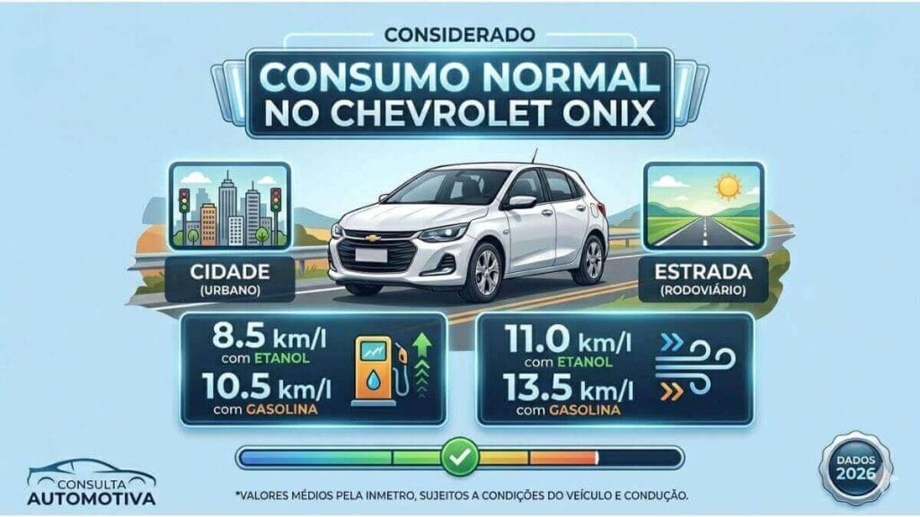 Infográfico automotivo comparando o consumo do Chevrolet Onix na cidade e estrada com álcool e gasolina. Mostra um Onix branco no centro com painéis de dados. Na cidade (urbano): 8.5 km/l com etanol e 10.5 km/l com gasolina. Na estrada (rodoviário): 11.0 km/l com etanol e 13.5 km/l com gasolina. Inclui logotipos de autoridade.