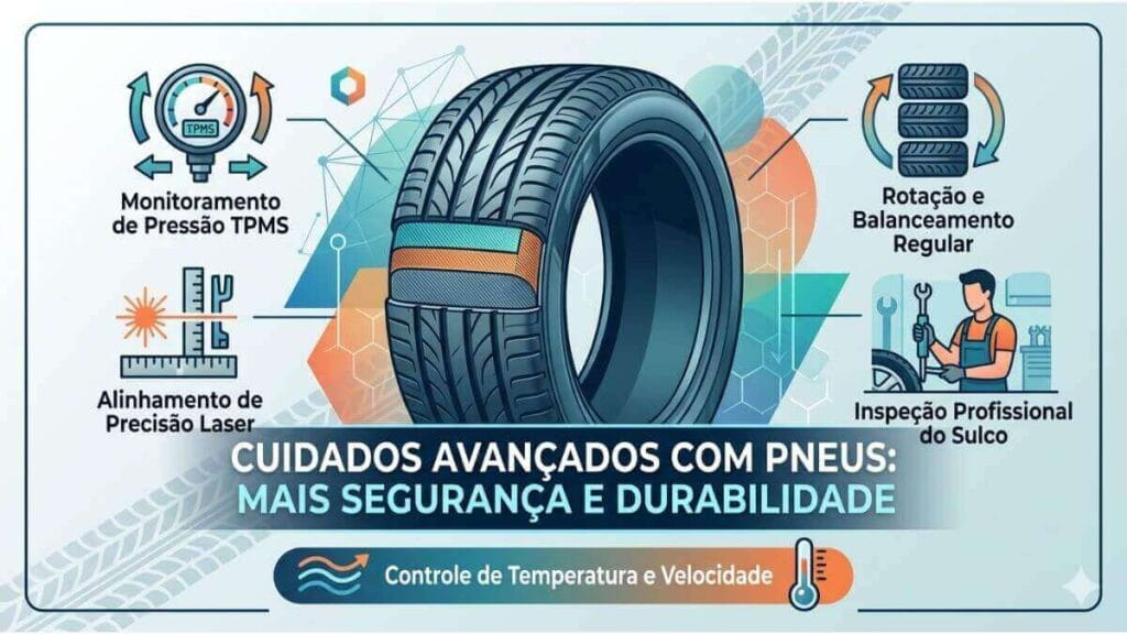 Um infográfico digital ilustrado em tons de azul e laranja focado em cuidados avançados com pneus. No centro, há um pneu em corte revelando suas camadas internas. Ao redor, quatro seções detalham serviços: "Monitoramento de Pressão TPMS" com ícone de manômetro.