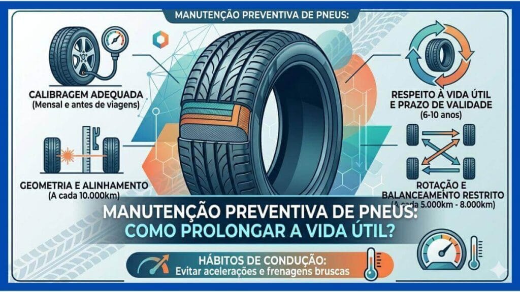 Infográfico em português com fundo claro sobre manutenção de pneus. Mostra um pneu central em corte e quatro seções: Calibragem Mensal, Vida Útil (6-10 anos), Alinhamento (10.000km) e Rotação (5.000-8.000km). Na base, o título: "MANUTENÇÃO PREVENTIVA DE PNEUS: COMO PROLONGAR A VIDA ÚTIL?" e uma dica de condução suave.