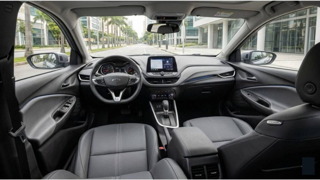 Visão frontal do painel e bancos em couro cinza do interior do Chevrolet Onix Plus Premier 2026.