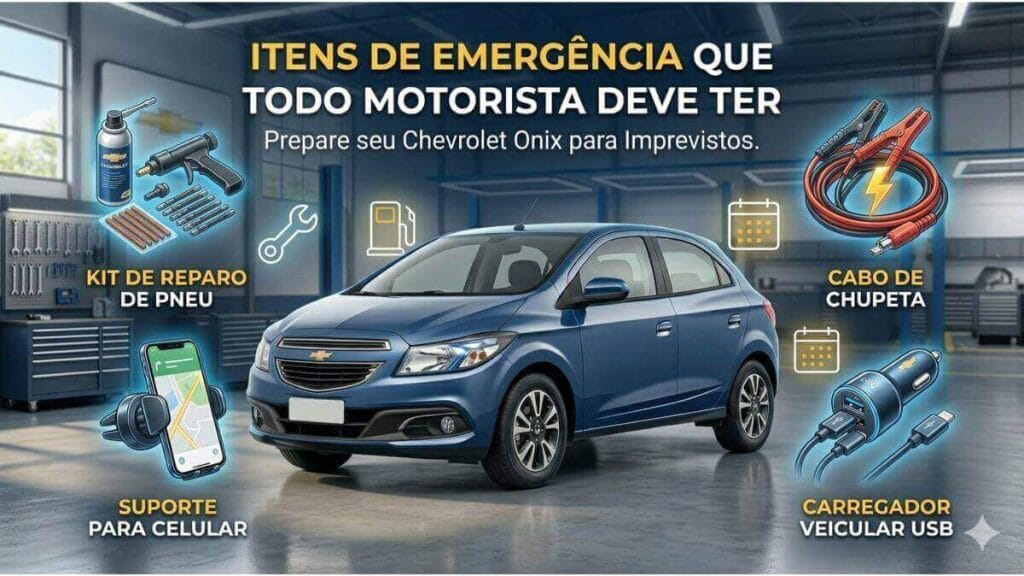 Infográfico automotivo profissional com o título 'ITENS DE EMERGÊNCIA QUE TODO MOTORISTA DEVE TER' em branco e amarelo. No centro, um Chevrolet Onix azul. Ao redor dele, quatro painéis com ícones brilhantes mostram: Kit de Reparo de Pneu, Cabo de Chupeta, Suporte para Celular e Carregador Veicular USB. Fundo de oficina mecânica organizada.