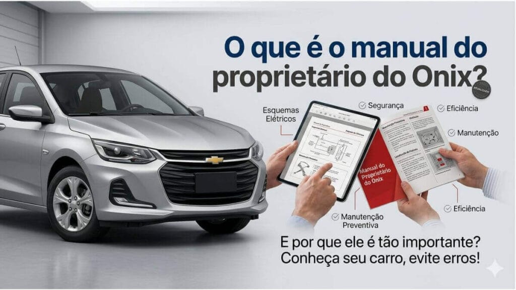 Uma imagem informativa dividida: à esquerda, um Chevrolet Onix prateado moderno; à direita, mãos seguram um tablet e um manual impresso aberto. Texto em português diz: 'O que é o manual do proprietário do Onix? Conheça seu carro, evite erros!'. Ícones indicam esquemas elétricos, segurança, manutenção e eficiência. No manual digital, lê-se '2013 a 2026'.