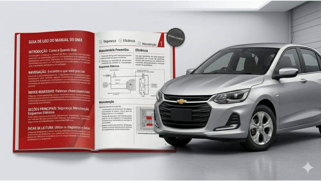 Uma imagem dividida: à esquerda, um manual de proprietário do Chevrolet Onix aberto, com texto em português detalhando seções como 'Guia de Uso', 'Segurança' e 'Manutenção'. À direita, um Chevrolet Onix prateado moderno. Um selo 'ATUALIZADO' está presente.