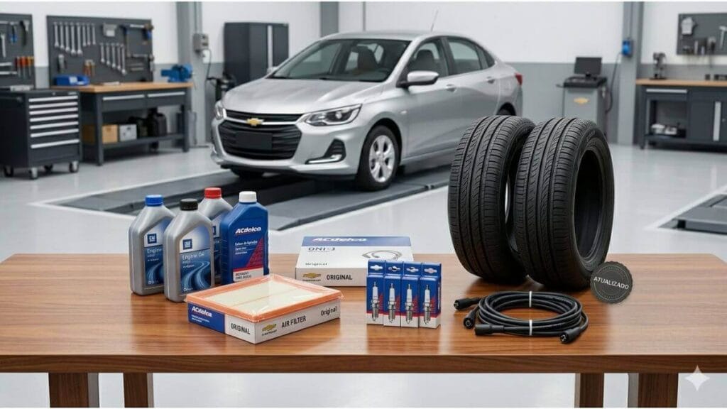 Uma imagem de estúdio de uma oficina mecânica limpa e organizada. Sobre uma mesa de madeira em primeiro plano, estão dispostas peças originais para manutenção do Chevrolet Onix: garrafas de óleo do motor GM/Acdelco, um filtro de ar em sua embalagem, um conjunto de velas de ignição em suas caixas, e dois pneus com a banda de rodagem à mostra. No fundo, um Chevrolet Onix prateado moderno está posicionado sobre uma plataforma de serviço, com bancadas de ferramentas e armários visíveis. Um selo 'ATUALIZADO' está presente no primeiro plano.