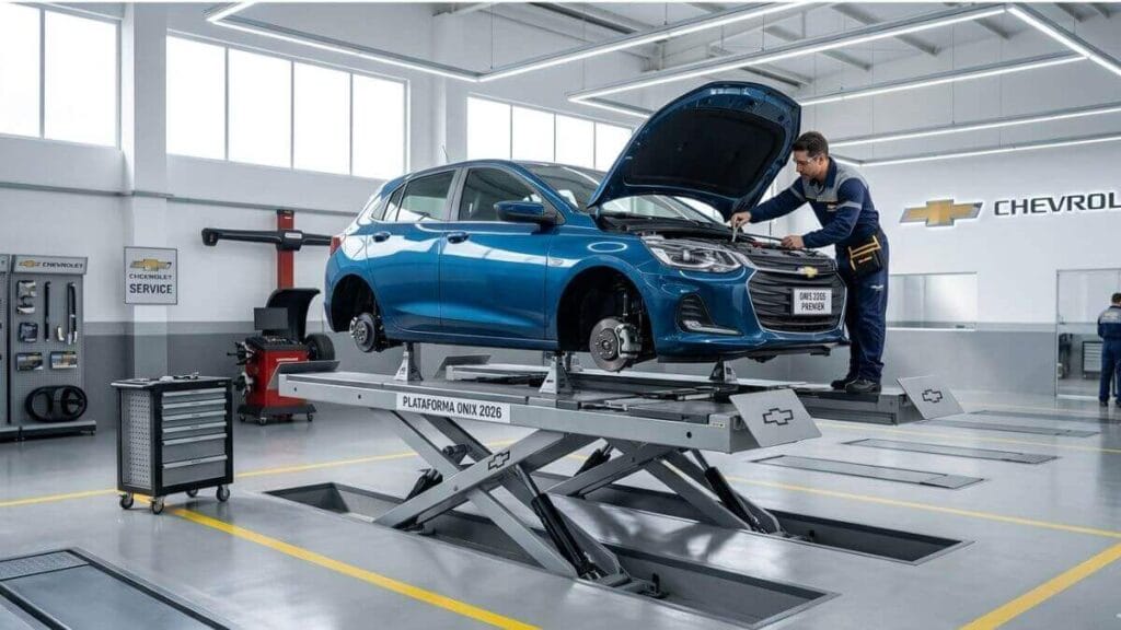 Mecânico trabalha no motor de um Chevrolet Onix azul em um elevador em uma oficina limpa e moderna com logos da Chevrolet.
