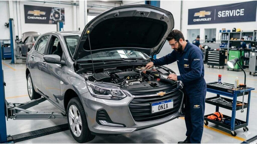 Mecânico em uniforme azul da Chevrolet realizando a manutenção preventiva no motor de um Chevrolet Onix prata em uma oficina mecânica oficial autorizada, com o capô aberto.