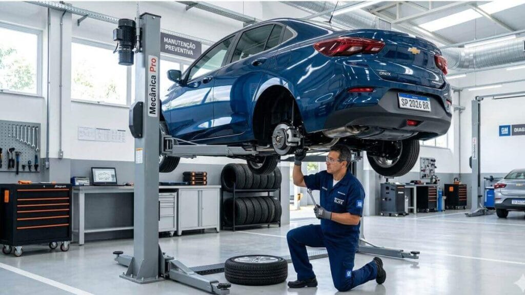 Mecânico realizando manutenção preventiva em um Chevrolet Onix Premier 2026 suspenso em oficina mecânica limpa e organizada