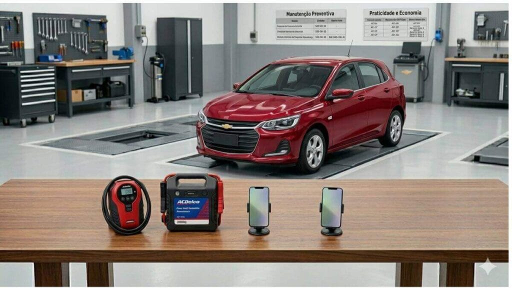 Onix vermelho em oficina com ferramentas ACDelco na bancada.