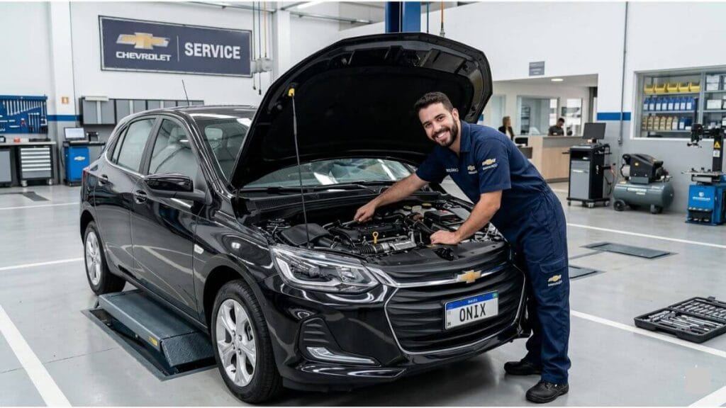 Mecânico sorridente em uniforme oficial da Chevrolet realizando a manutenção preventiva no motor de um Chevrolet Onix hatch preto dentro de uma oficina mecânica oficial autorizada e limpa.