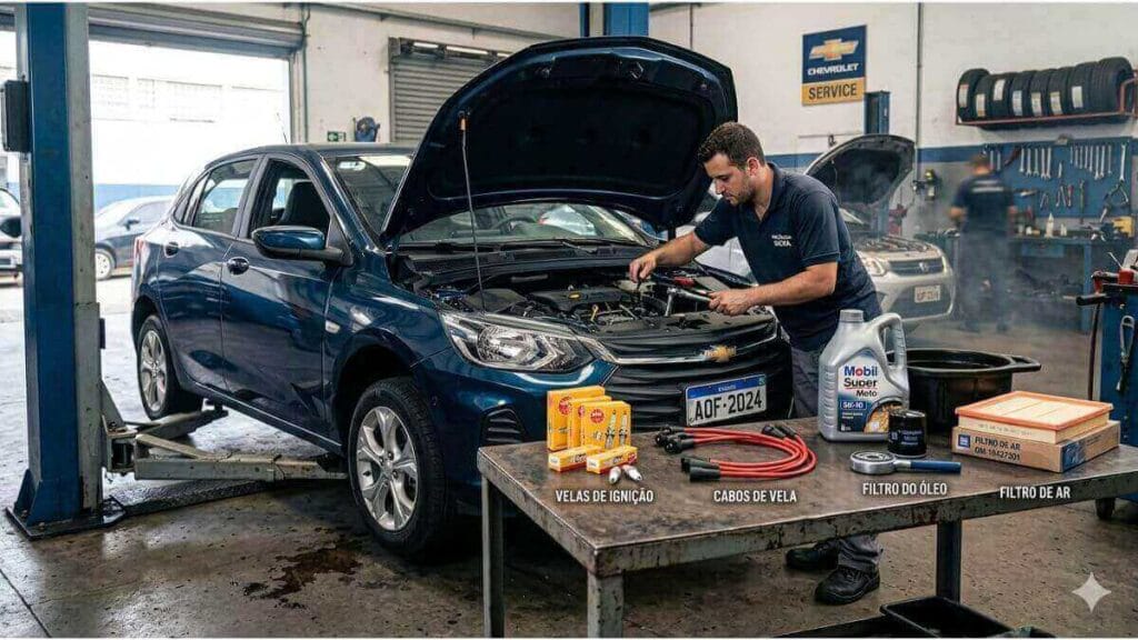 Mecânico trabalhando em um Chevrolet Onix azul em uma oficina com peças de manutenção em uma mesa.