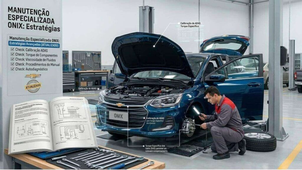 Mecânico calibrando ADAS em Onix azul elevado em oficina com checklists bilíngues (PT/EN) de manutenção preventiva e manuais técnicos abertos.