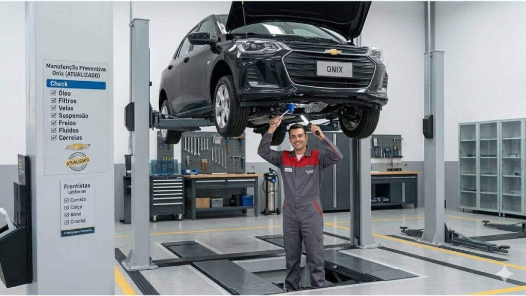 Onix preto elevado em oficina limpa com frentista sorrindo ao lado de checklist de manutenção em português e inglês.