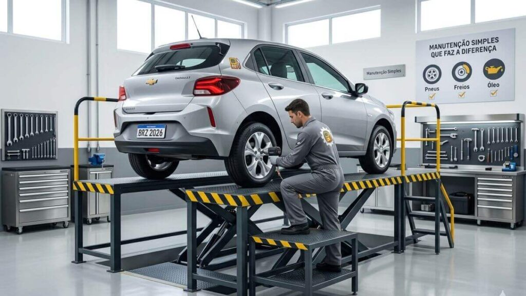 Chevrolet Onix: Exemplo de Manutenção Simples em Oficina Profissional Fotografia profissional e limpa de um Chevrolet Onix Hatch prata elevado em uma plataforma de oficina organizada. Um mecânico de uniforme troca o pneu traseiro. O ambiente é claro, com ferramentas organizadas nas paredes. No fundo, há um pôster com os dizeres: "Manutenção Simples Que Faz A Diferença" e ícones para Pneus, Freios e Óleo.