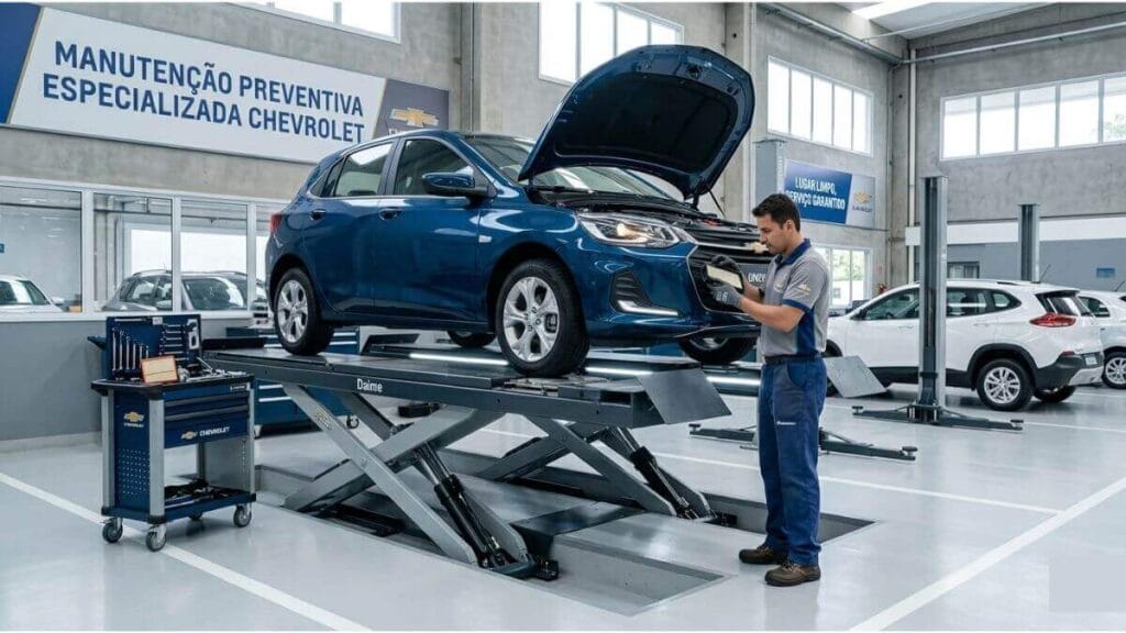 Mecânico realiza manutenção preventiva no motor de um Onix azul suspenso em um daime em uma oficina limpa.