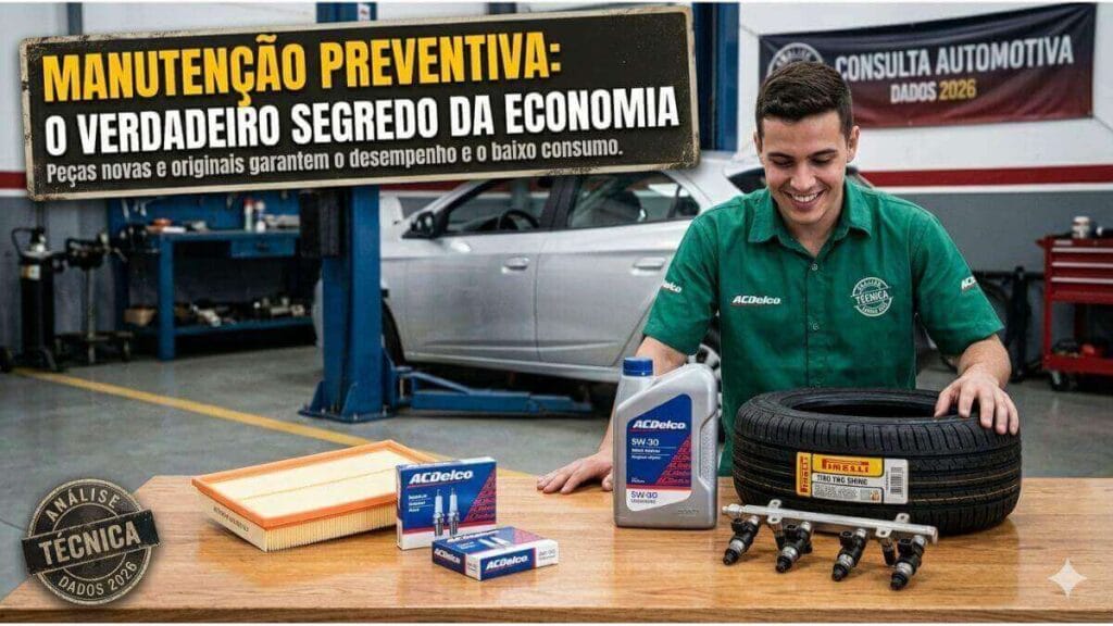 Um atendente de oficina sorridente, em um ambiente de oficina mecânica limpo e bem iluminado, posa ao lado de uma mesa com peças de manutenção preventiva novas e originais para Chevrolet Onix: filtro de ar, óleo do motor, velas de ignição, pneu e kit de injeção. O Onix prata é visível desfocado em segundo plano. À direita, um banner técnico de autoridade diz: 'MANUTENÇÃO PREVENTIVA: O VERDADEIRO SEGREDO DA ECONOMIA Peças novas e originais garantem o desempenho e o baixo consumo.' No canto inferior, um selo diz 'ANÁLISE TÉCNICA DADOS 2026'.