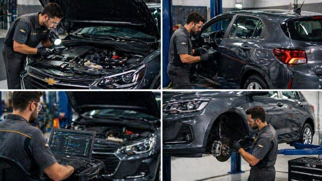 Mecânico realizando inspeção, diagnóstico eletrônico e manutenção no Chevrolet Onix em oficina profissional