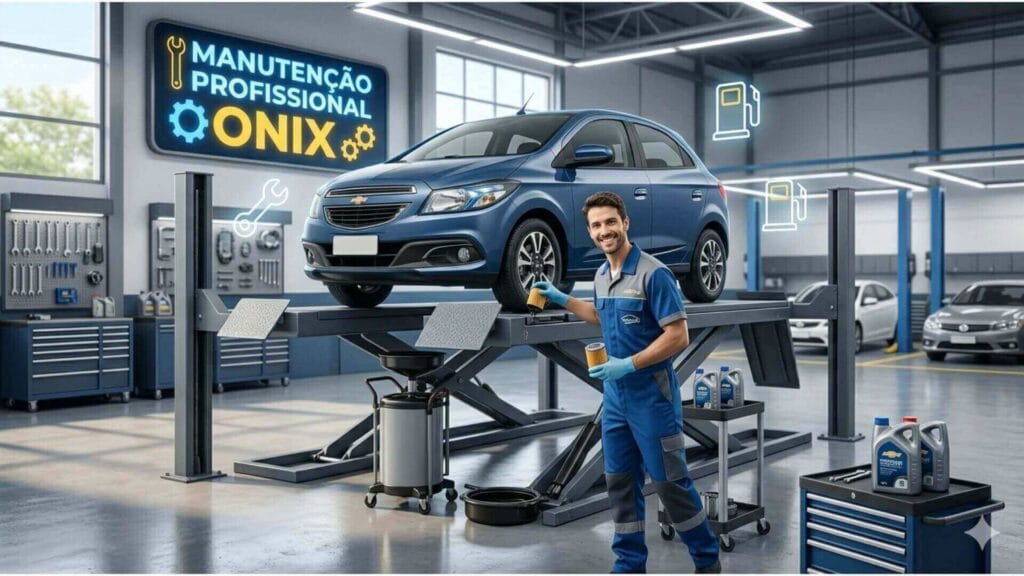 Fotografia profissional em uma oficina mecânica ampla e limpa. Um Chevrolet Onix azul está elevado em um elevador de carros cinza. Um mecânico sorridente, vestindo uniforme azul e luvas, está em primeiro plano, segurando um frasco de óleo e ferramentas. No fundo, há armários de ferramentas organizados, outros carros e um grande letreiro luminoso com o texto 'MANUTENÇÃO PROFISSIONAL ONIX' em branco e amarelo.