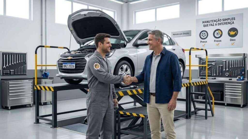 Uma foto profissional e bem iluminada em uma oficina mecânica extremamente organizada. No centro, um mecânico de uniforme cinza aperta a mão de um cliente sorridente com uma camisa azul. Entre eles, um Chevrolet Onix prata está elevado em uma plataforma com o capô aberto, revelando o motor. No fundo, há ferramentas penduradas nas paredes e um pôster com os dizeres: "Manutenção Simples Que Faz A Diferença".