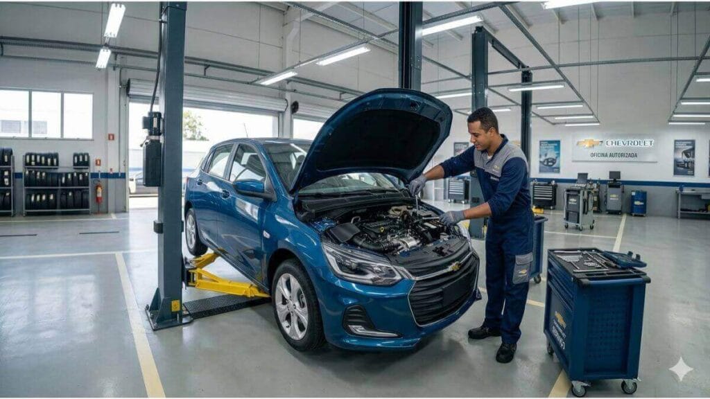 Mecânico de uniforme trabalhando no motor aberto de um Chevrolet Onix azul em um elevador de oficina autorizada.