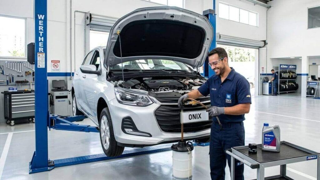 Mecânico uniformizado e sorridente trocando o óleo de um Chevrolet Onix prata em uma oficina limpa e bem iluminada.
