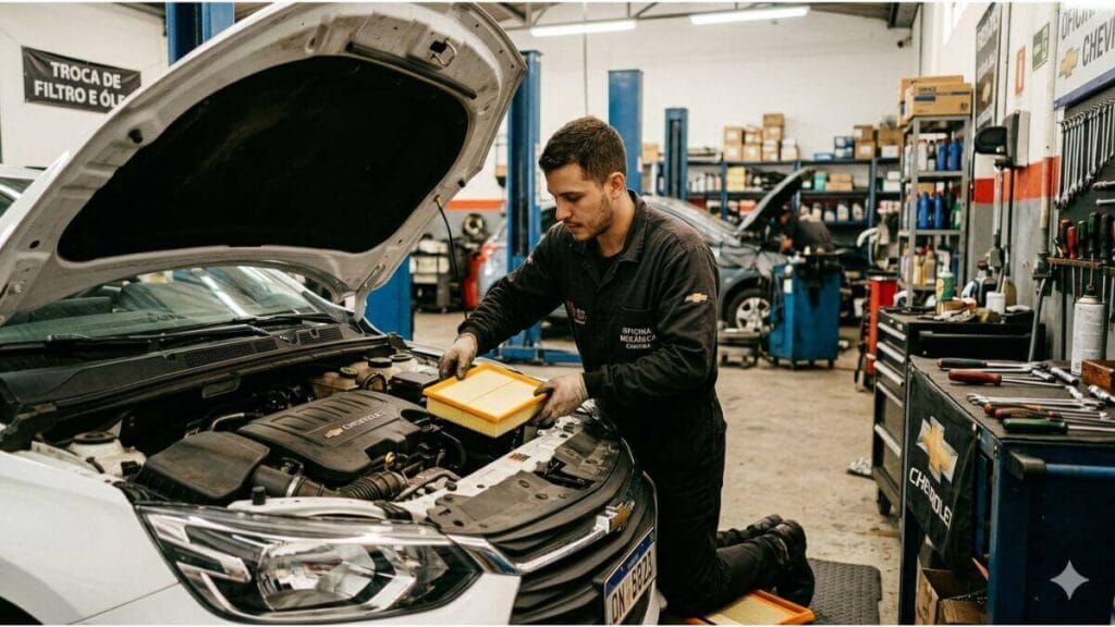 Um mecânico brasileiro vestindo um macacão escuro está ajoelhado, trocando o filtro de ar de um carro Chevrolet Onix branco em uma oficina mecânica. O capô do carro está aberto e ele está segurando o novo filtro de ar amarelo acima do compartimento do motor. A oficina tem ferramentas, equipamentos e outros carros ao fundo. Uma faixa na parede diz "TROCA DE FILTRO E ÓLEO".