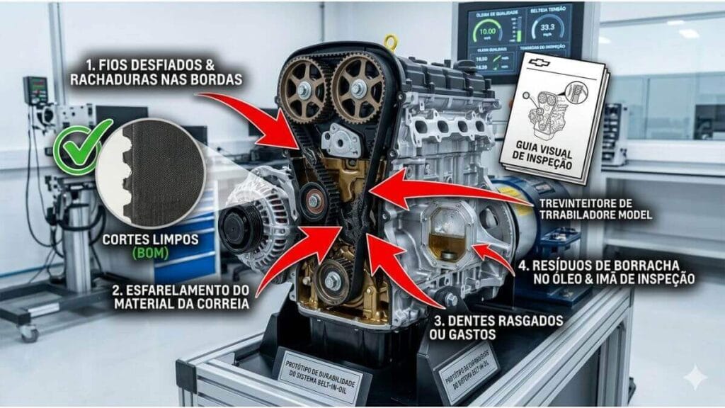 Lista visual de logotipos de carros que utilizam correia banhada a óleo, incluindo Chevrolet, Ford, Peugeot e Citroën.