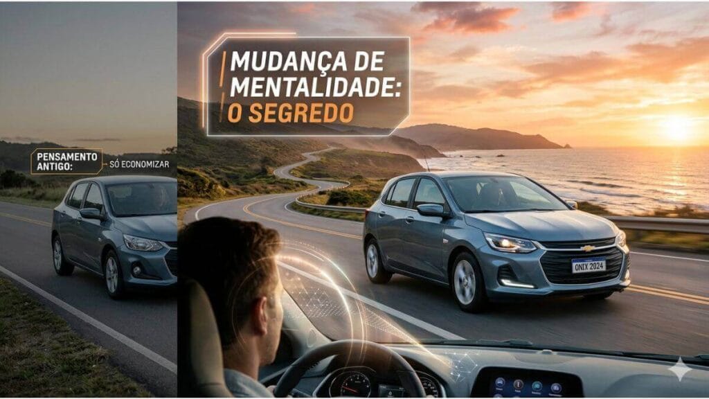Visão do painel de um Chevrolet Onix rodando em uma estrada sinuosa durante o pôr do sol, com o texto MUDANÇA DE MENTALIDADE: O SEGREDO. À esquerda, em tons de cinza, o texto PENSAMENTO ANTIGO: SÓ ECONOMIZAR.