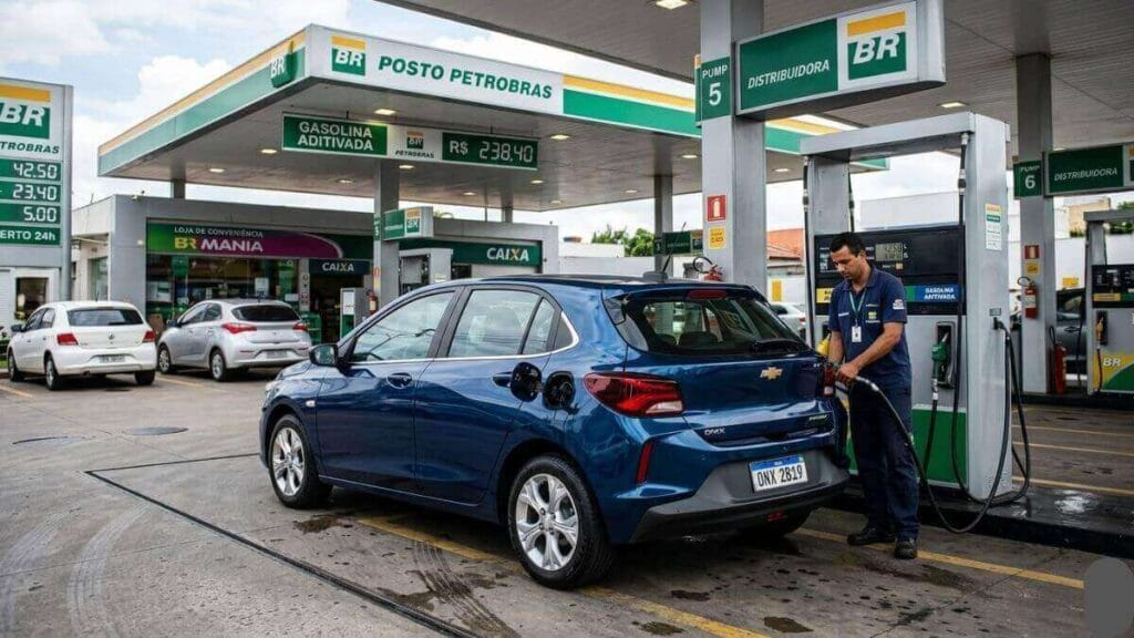 Um Chevrolet Onix azul sendo abastecido por um frentista em um posto de combustível Petrobras (BR). O foco está na lateral traseira do carro e na bomba de combustível.
